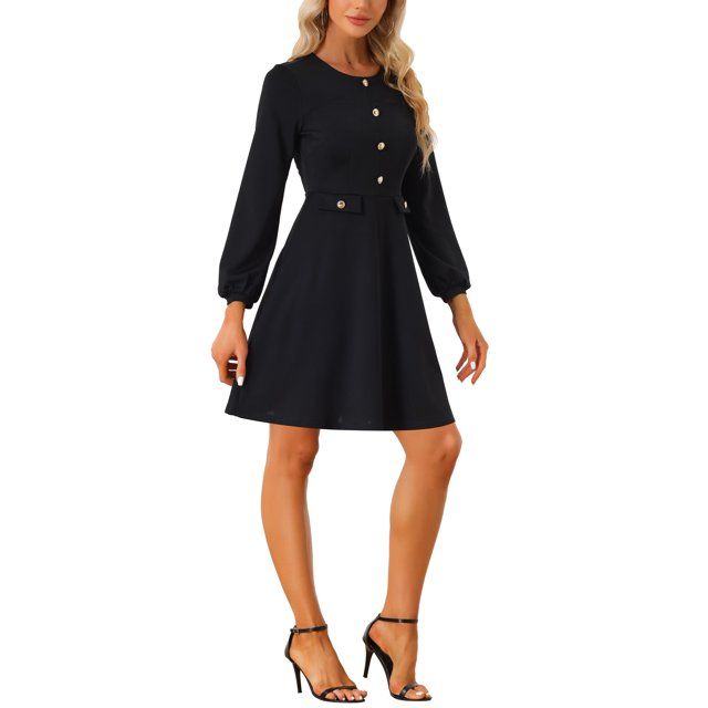 Allegra K Work Office Dress for Women's Contrast Button Decor Long Sleeve Dresses | Walmart (US)