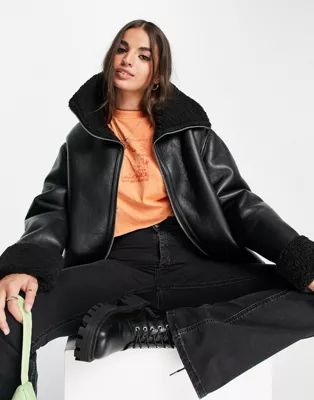 ASOS DESIGN borg leather look aviator in black | ASOS (Global)
