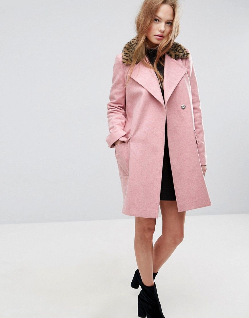 ASOS Coat with Leopard Print Collar - Pink | ASOS US