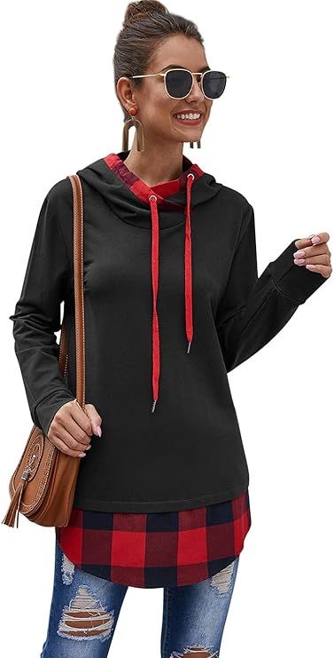 Yidarton Women's Plaid Long Sleeve Tops Pullover Hoodie Sweatshirts | Amazon (US)