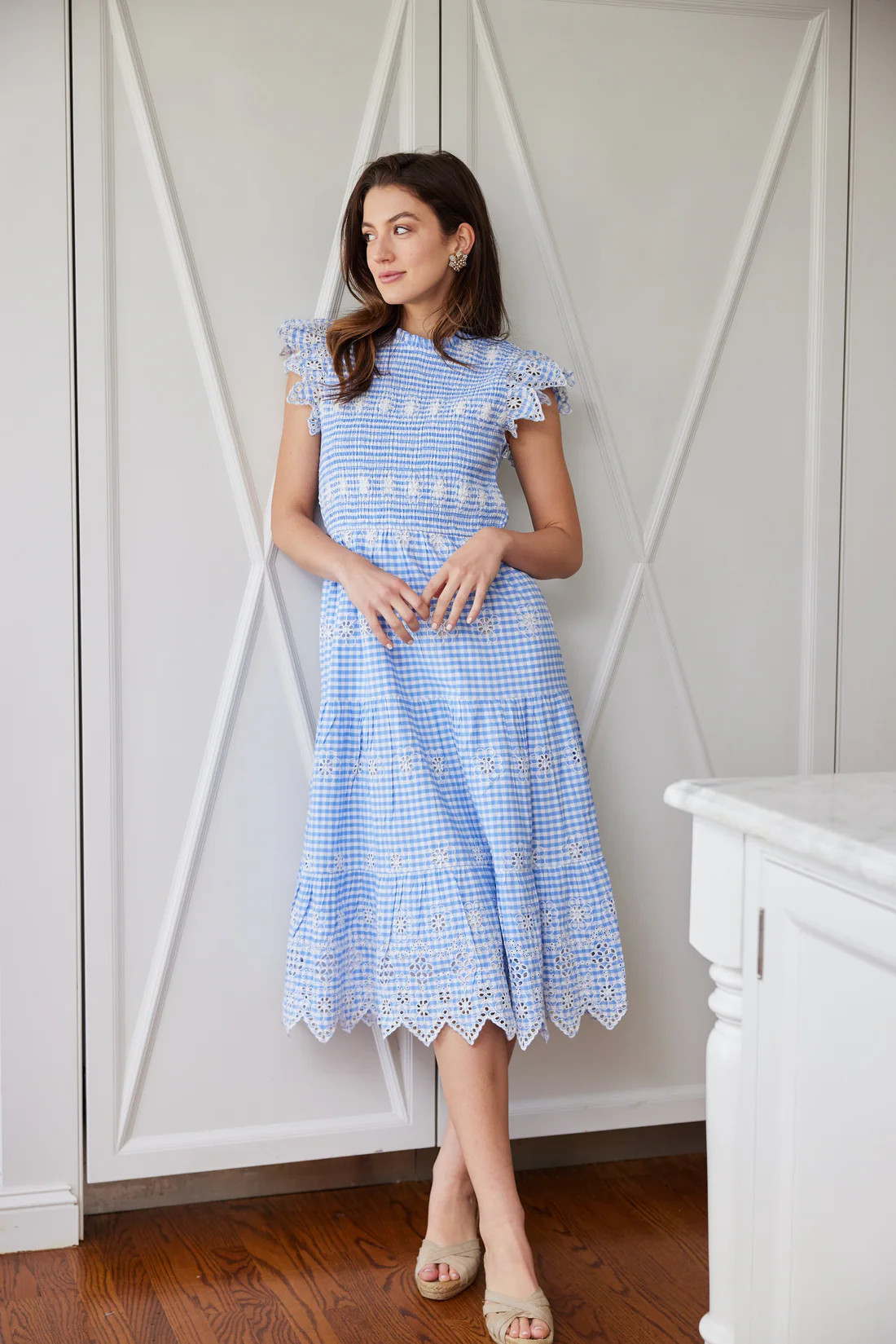 Blue Gingham Flutter Sleeve Smocked Midi Dress | Sail to Sable