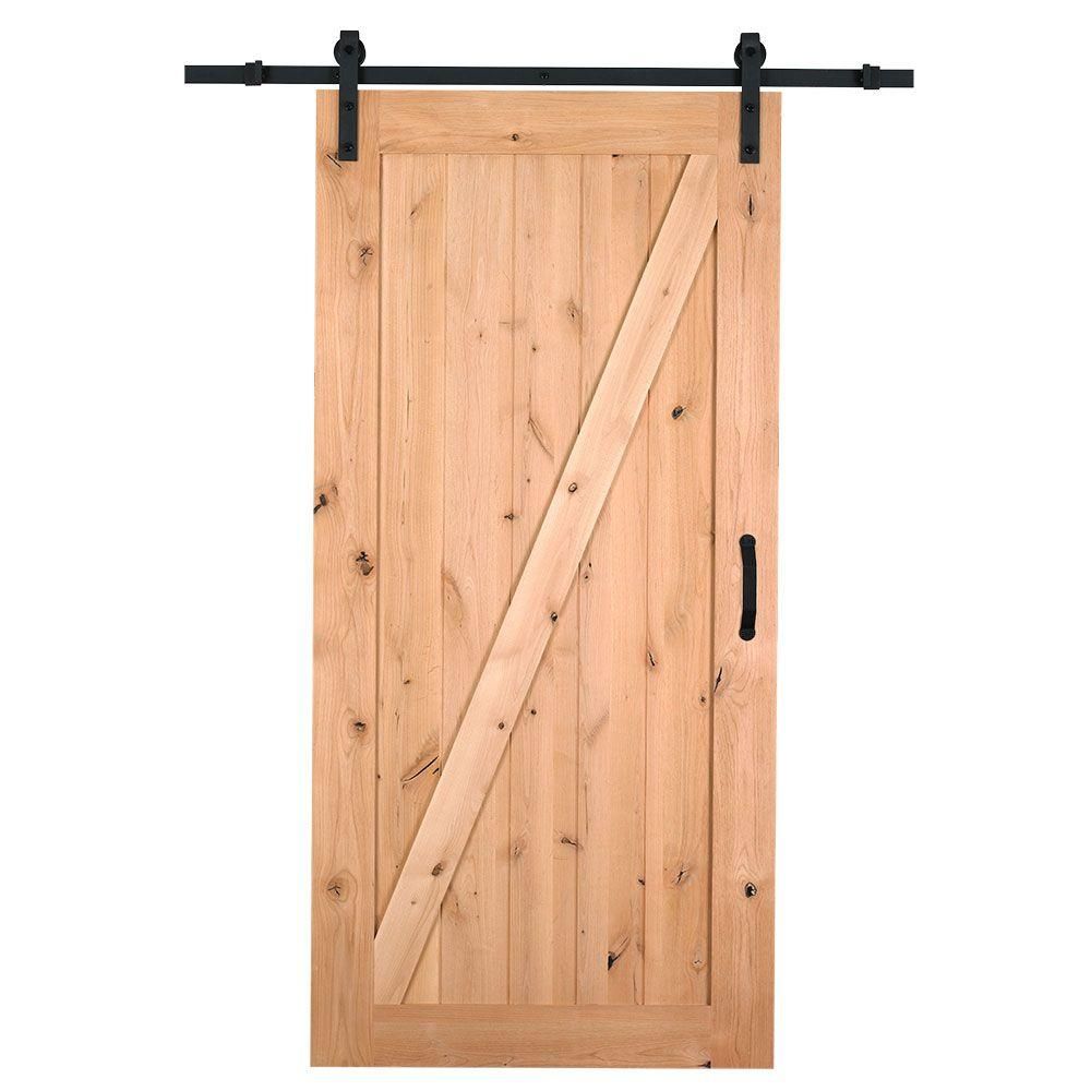 42 in. x 84 in. Z-Bar Knotty Alder Wood Interior Barn Door Slab with Sliding Door Hardware Kit | The Home Depot