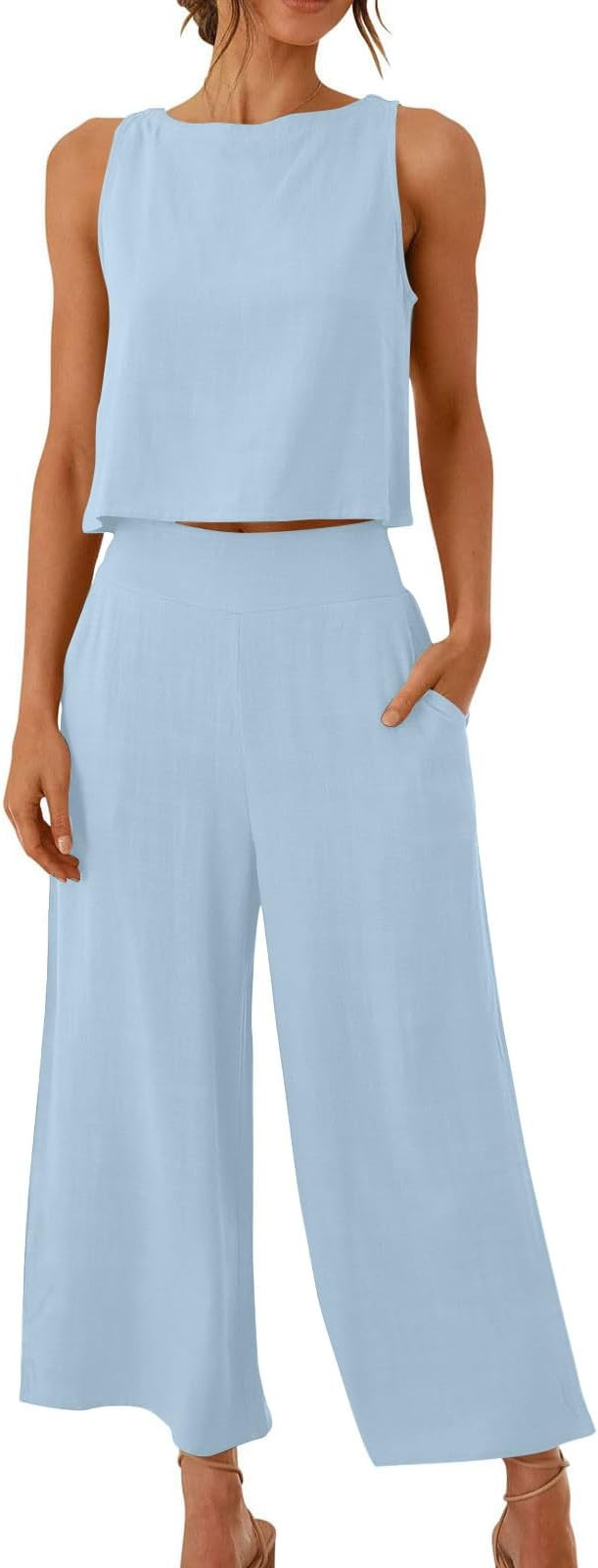 2 Piece Linen Sets for Women Summer Sleeveless Tank Top High Waist Cropped Wide leg Pant Jumpsuit... | Amazon (US)