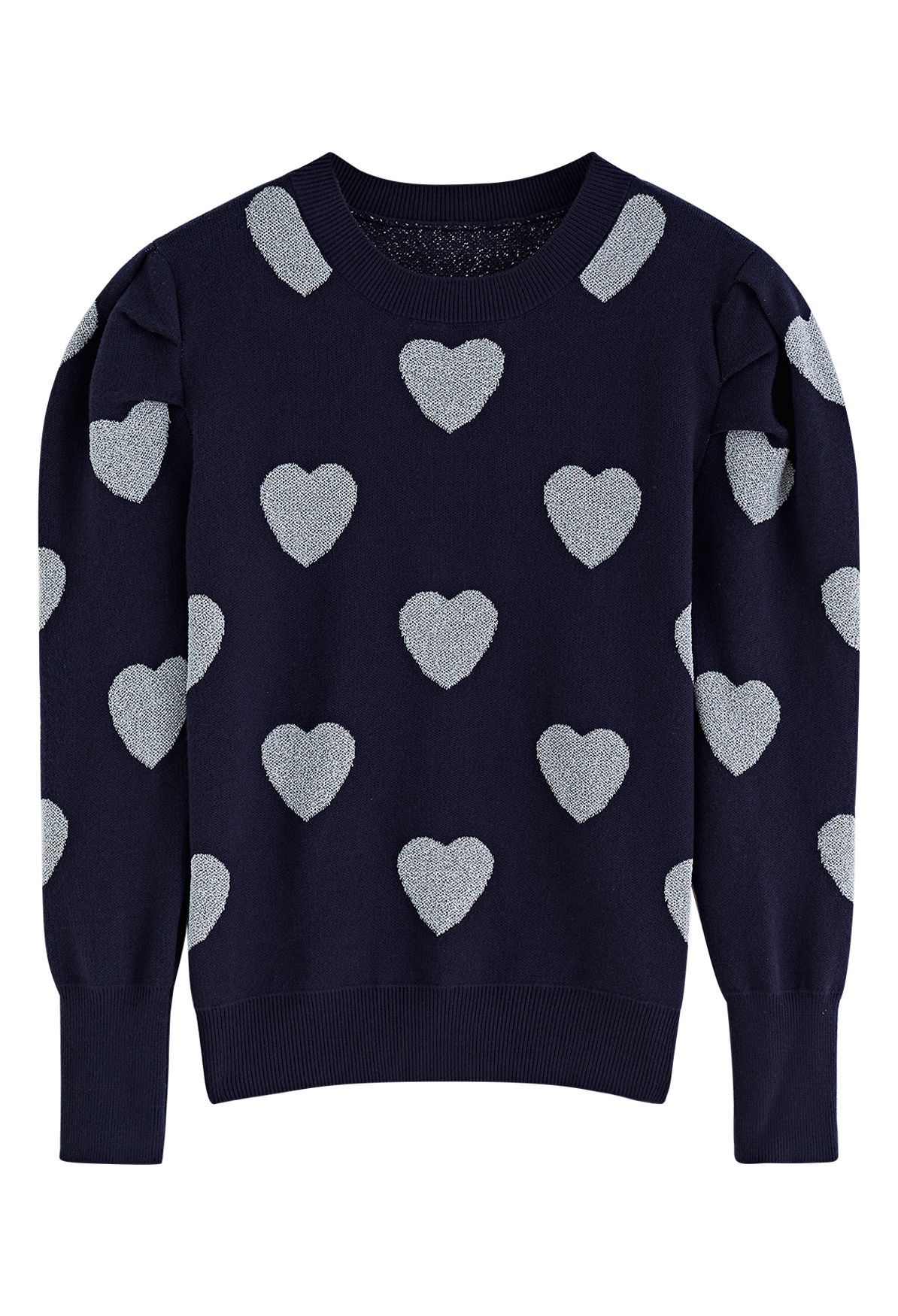 Metallic Heart Puff Shoulder Knit Sweater in Navy | Chicwish