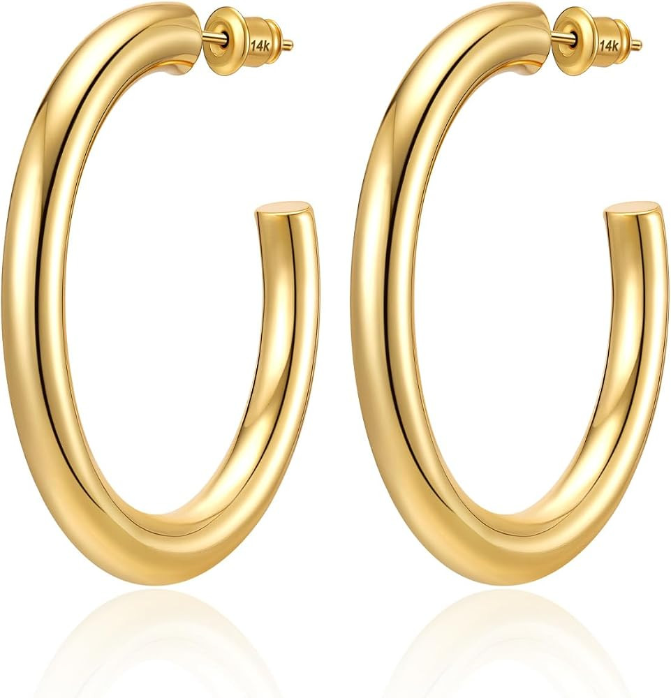 Hoop Earrings for Women, 14K Gold Plated/Silver Chunky Hoop Earring Hypoallergenic Sterling Silve... | Amazon (US)