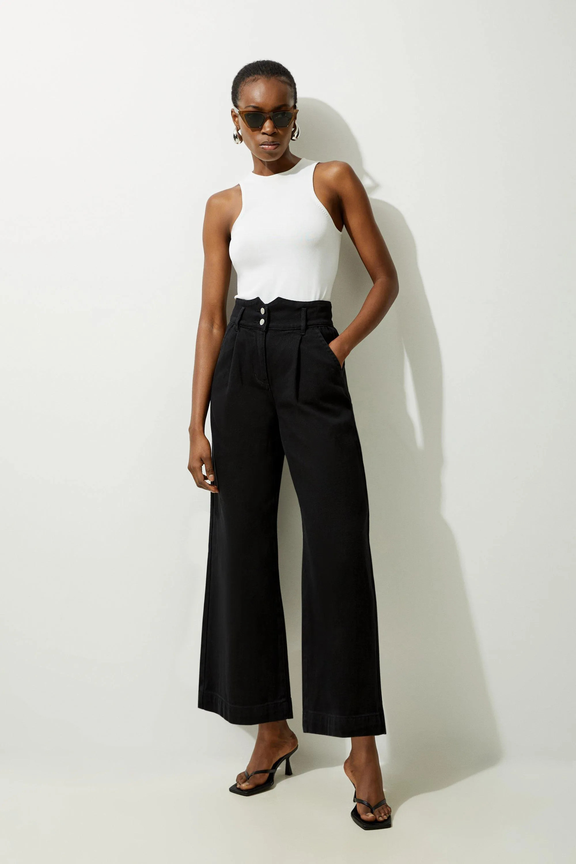 Petite Denim Wide Leg Trousers | Karen Millen UK + IE + DE + NL