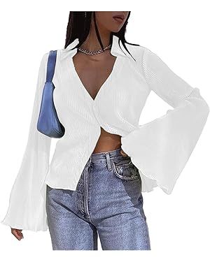 LYANER Women's Deep V Neck Button Front Bell Long Sleeve Blouse Shirt Top | Amazon (US)