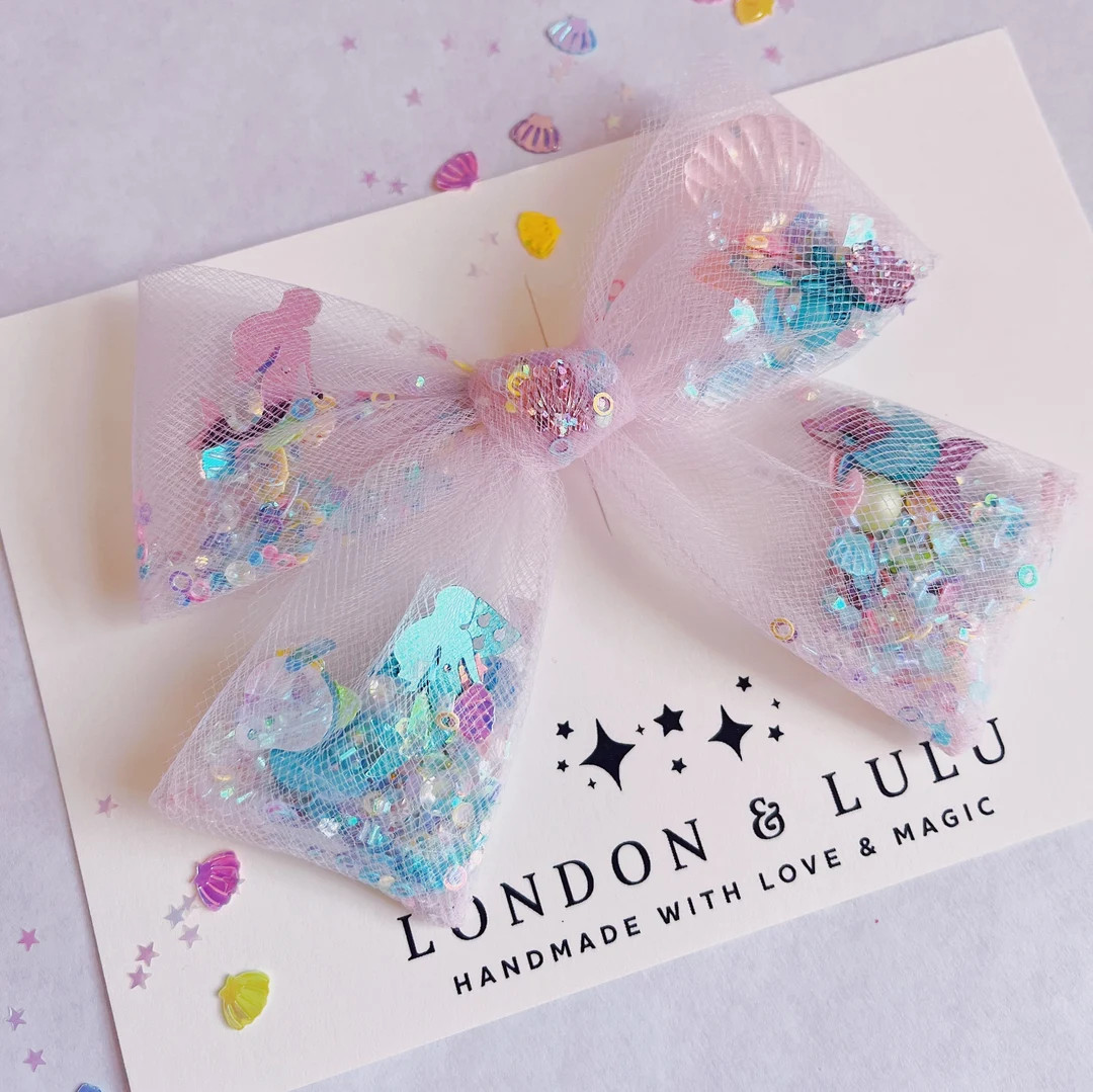 Pink Mermaid Tulle Shaker Mouse Magic Bow Sprinkles Park Hair Bow for Kids Kawaii Ariel Under Sea... | Etsy (US)