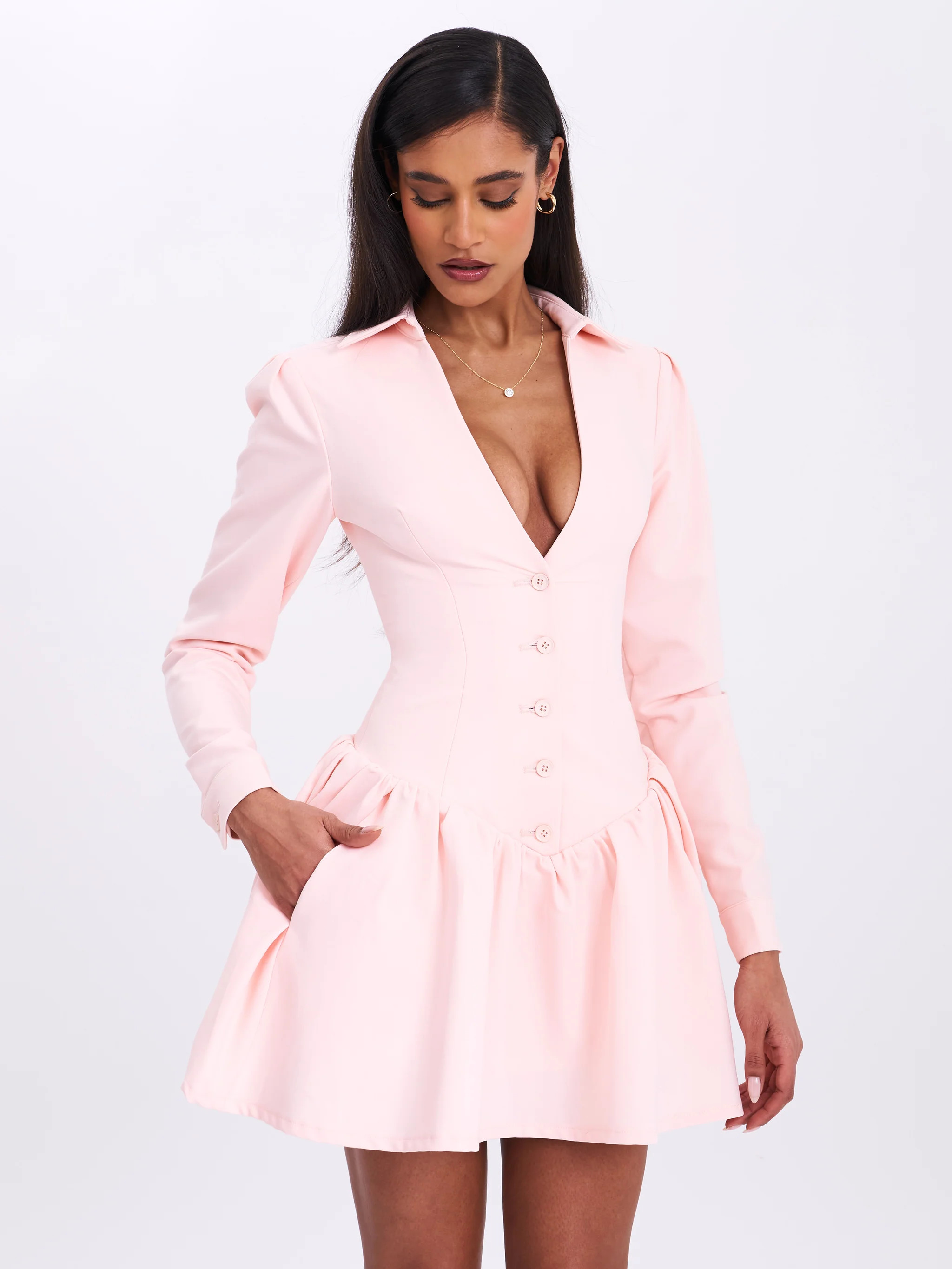 Xabrina Macaron Pink Long Sleeve Shirt Mini Dress | Miss Circle
