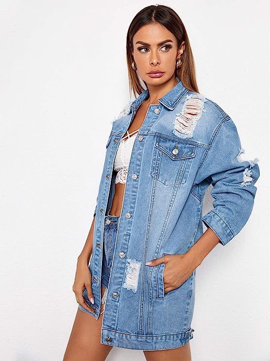 Floerns Women's Oversized Denim Jacket Long Boyfriend Distresse Jean Jacket | Amazon (US)