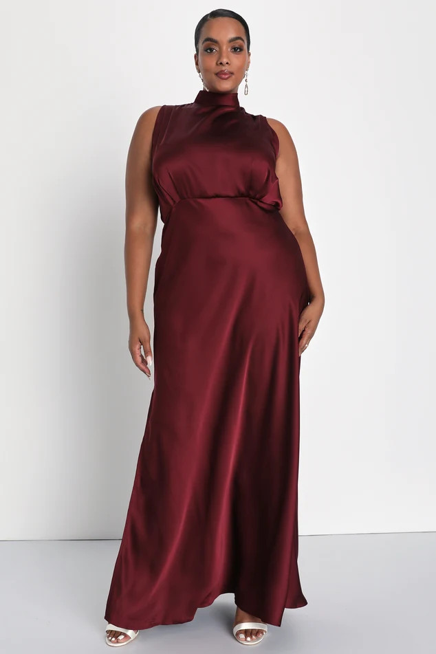 Classic Elegance Wine Satin Sleeveless Mock Neck Maxi Dress | Lulus