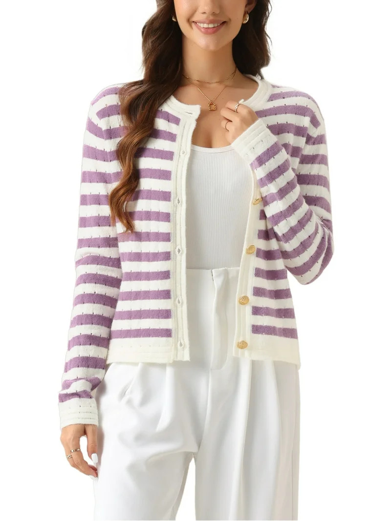 INSPIRE CHIC Women's Knit Sweater Striped Button Down Long Sleeve Casual Cardigan XS White Purple | Walmart (US)