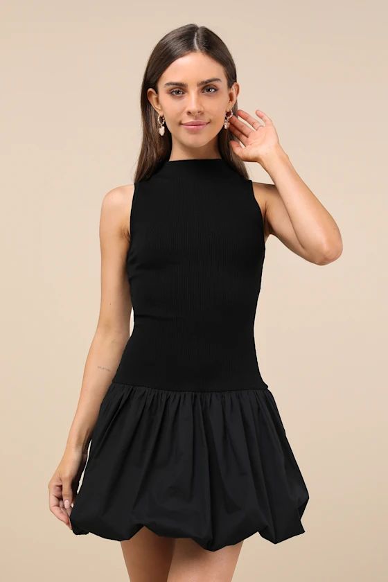 Ensured Elevation Black Ribbed Mock Neck Bubble-Hem Mini Dress | Lulus