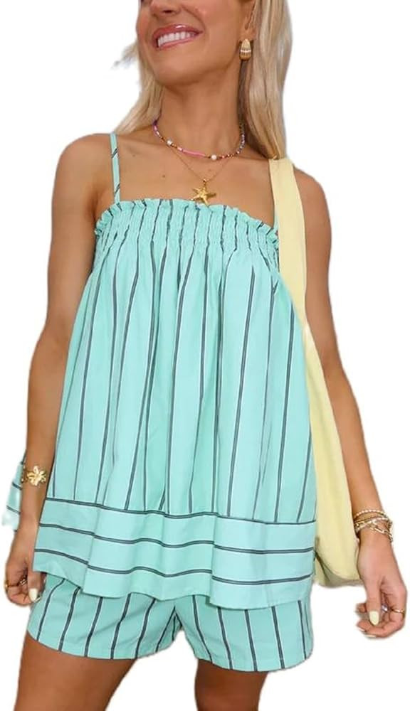 SOOKABEILA Women 2 Piece Lounge Set Sleeveless Striped Cami Peplum Top Boxer Shorts Loose Ruffle ... | Amazon (US)