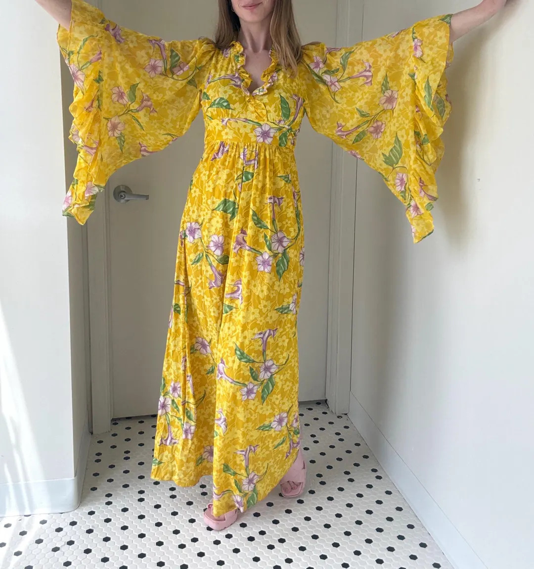 Vintage 1970’s Yellow Angel Wing Sleeve Dress With Purple Morning Glories, Size Medium - Etsy | Etsy (US)
