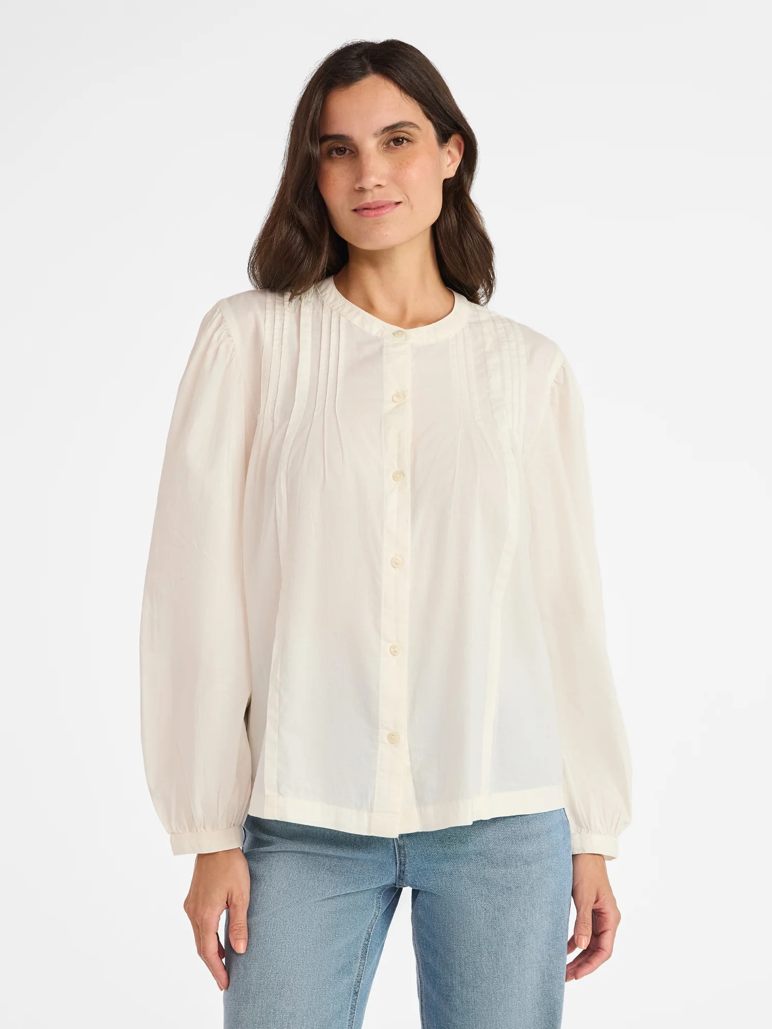 Time and Tru Women's Pintuck Blouse with Long Sleeves, Sizes XS-XXXL | Walmart (US)