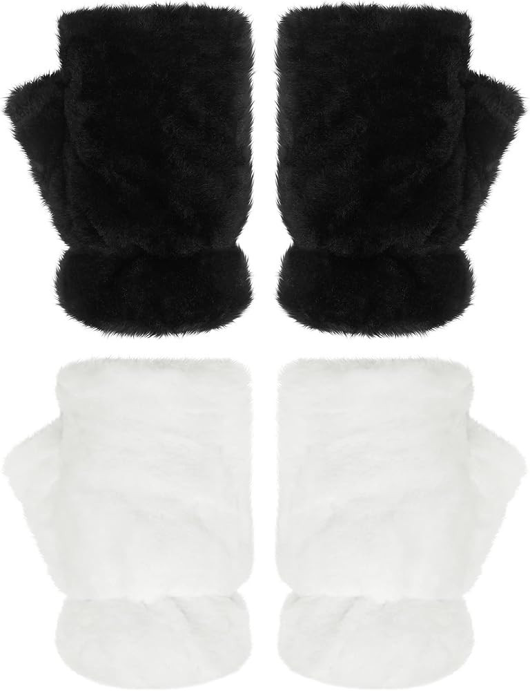 2 Pairs Women Winter Fingerless Gloves Faux Fur Fingerless Gloves Warm Furry Gloves Convertible F... | Amazon (US)