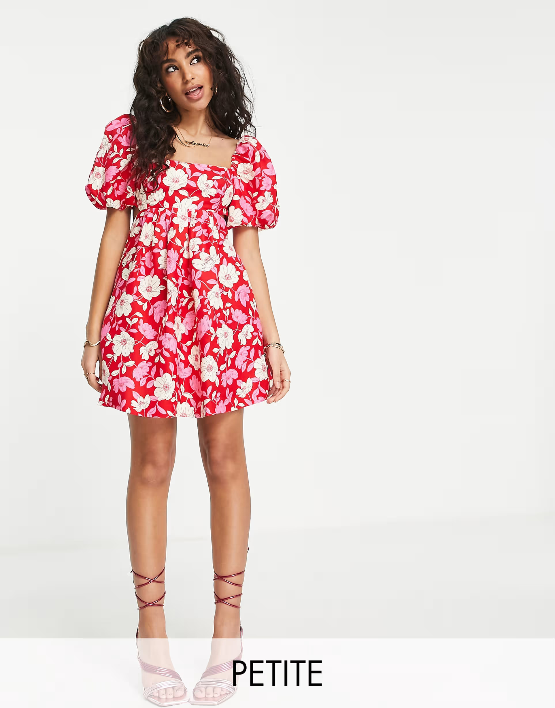 Ever New Petite open-back puff sleeve mini dress in red floral | ASOS | ASOS (Global)