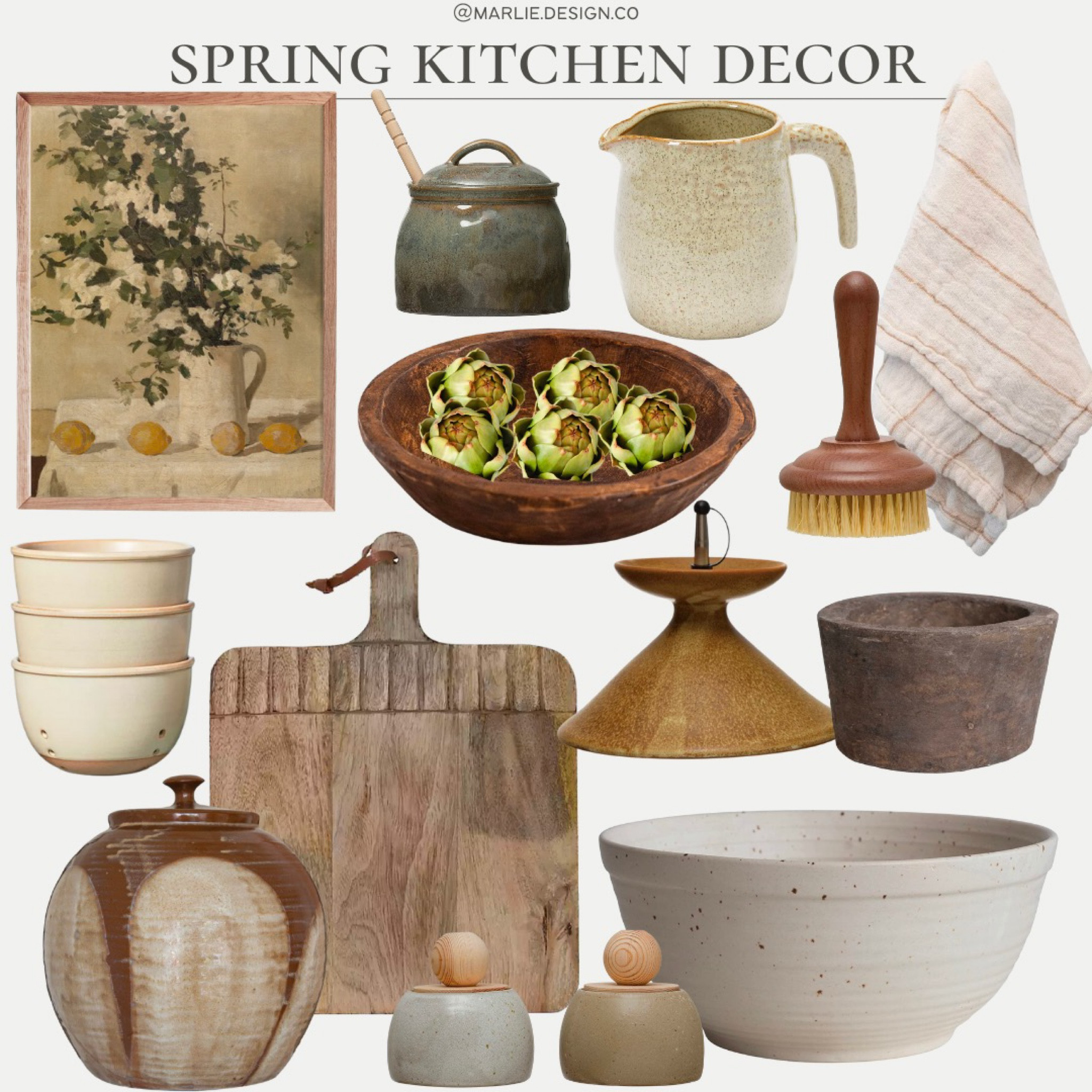 Spring Kitchen Decor | cutting board | speckled bowl | still life vintage art | honey jar | pitcher | stoneware | kitchen towel | scrub brush | dish brush | canister | food storage | berry bowl | olive oil cruet | wood carved bowl | fruit bowl | decorative faux artichokes | spring decor | kitchen | Amazon home | Kirklands | Target | Etsy 

#LTKhome #LTKunder100 #LTKunder50