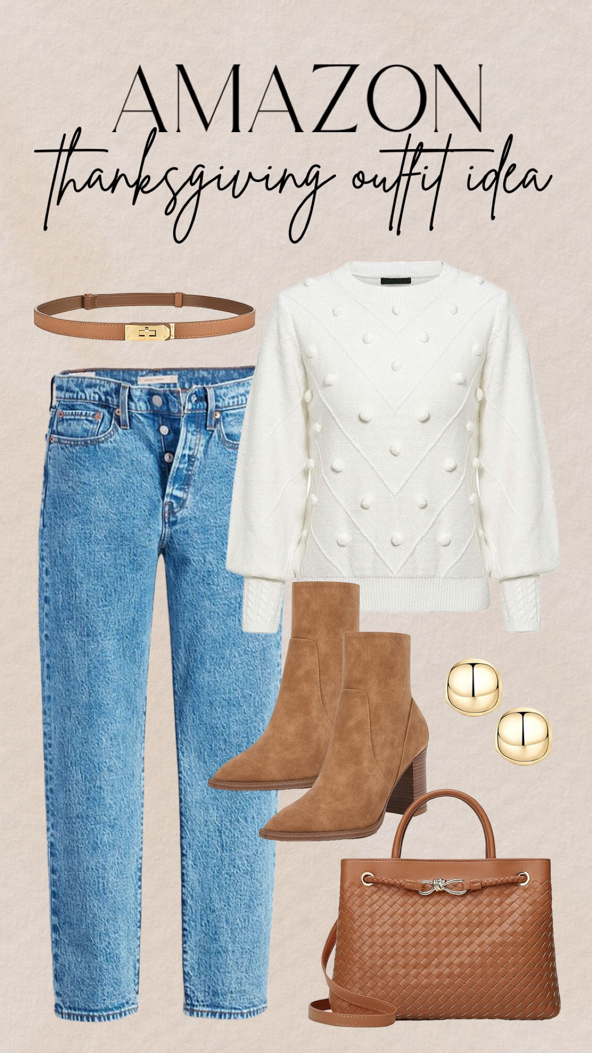 Amazon Thanksgiving outfit idea! 

#thanksgiving

Thanksgiving outfit idea. Elevated casual Thanksgiving outfit. Amazon ivory sweater. Amazon denim. Amazon gold buckle belt. Amazon booties. Amazon gold earrings. Amazon designer inspired braided handbag. Amazon neutral fall style  

#LTKFindsUnder100 #LTKSeasonal #LTKStyleTip