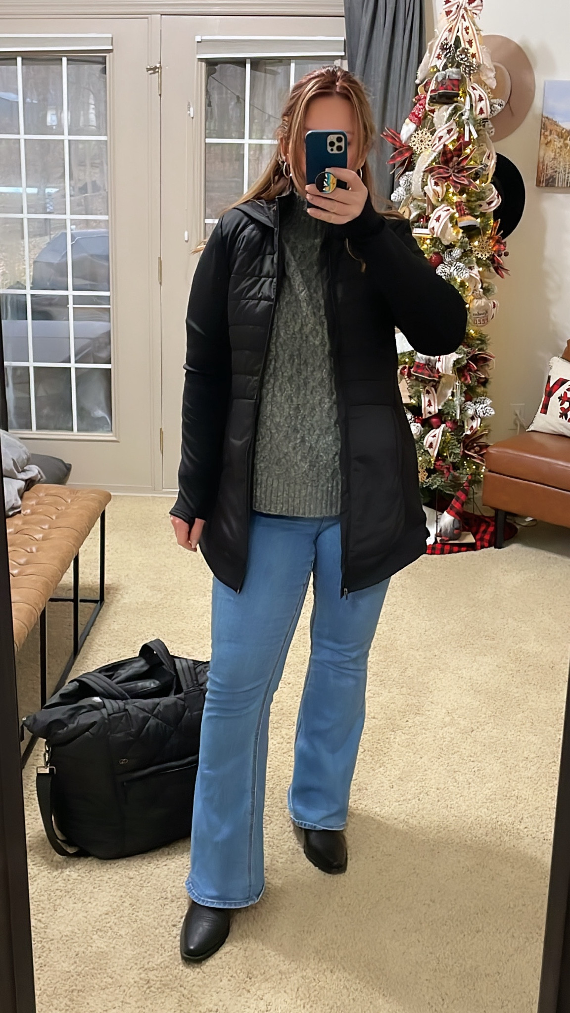 Today’s Look: Family birthday and overnight stay. Kohls. Cowboy boots fits TTS. Flare jeans. 
LARGE in jacket. Also have it in the shorter version. Sweater is old, linked similar option  

#LTKmidsize #LTKtravel #LTKSeasonal