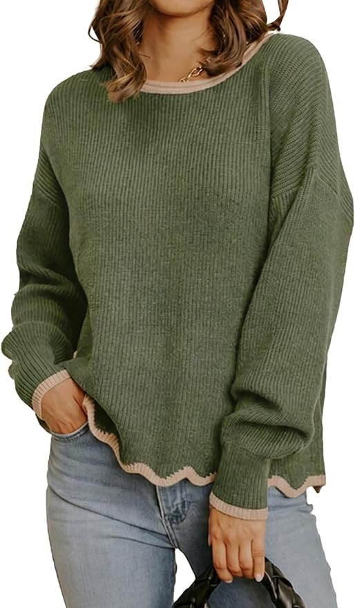 Astylish Women's Crewneck Dressy Casual Scalloped Hem Sweaters Fall Outfits | Contrast Trim,Long ... | Amazon (US)