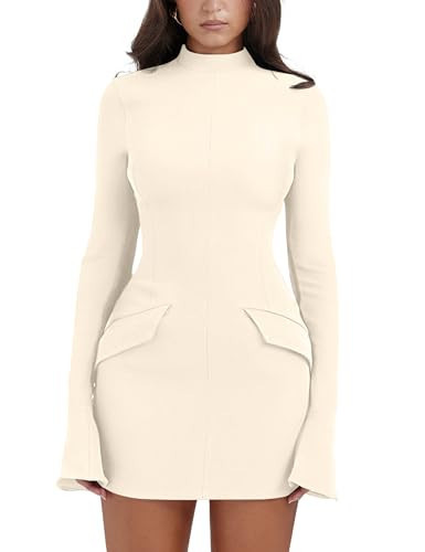 YMDUCH Women's Long Sleeve Mock Neck Bodycon Mini Party Dress Beige | Amazon (US)