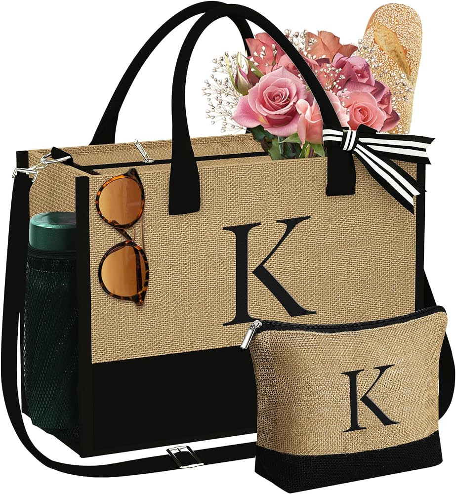 YOOLIFE Christmas Gifts for Women - Initial Jute Tote Bag & Makeup Bag, Birthday Gifts for Women ... | Amazon (US)