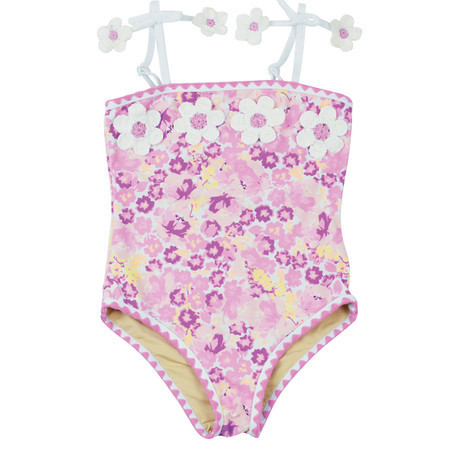 Purple Ditsy Floral Girls Crochet Pom Pom One Piece Swimsuit 6m-10 | Shade Critters