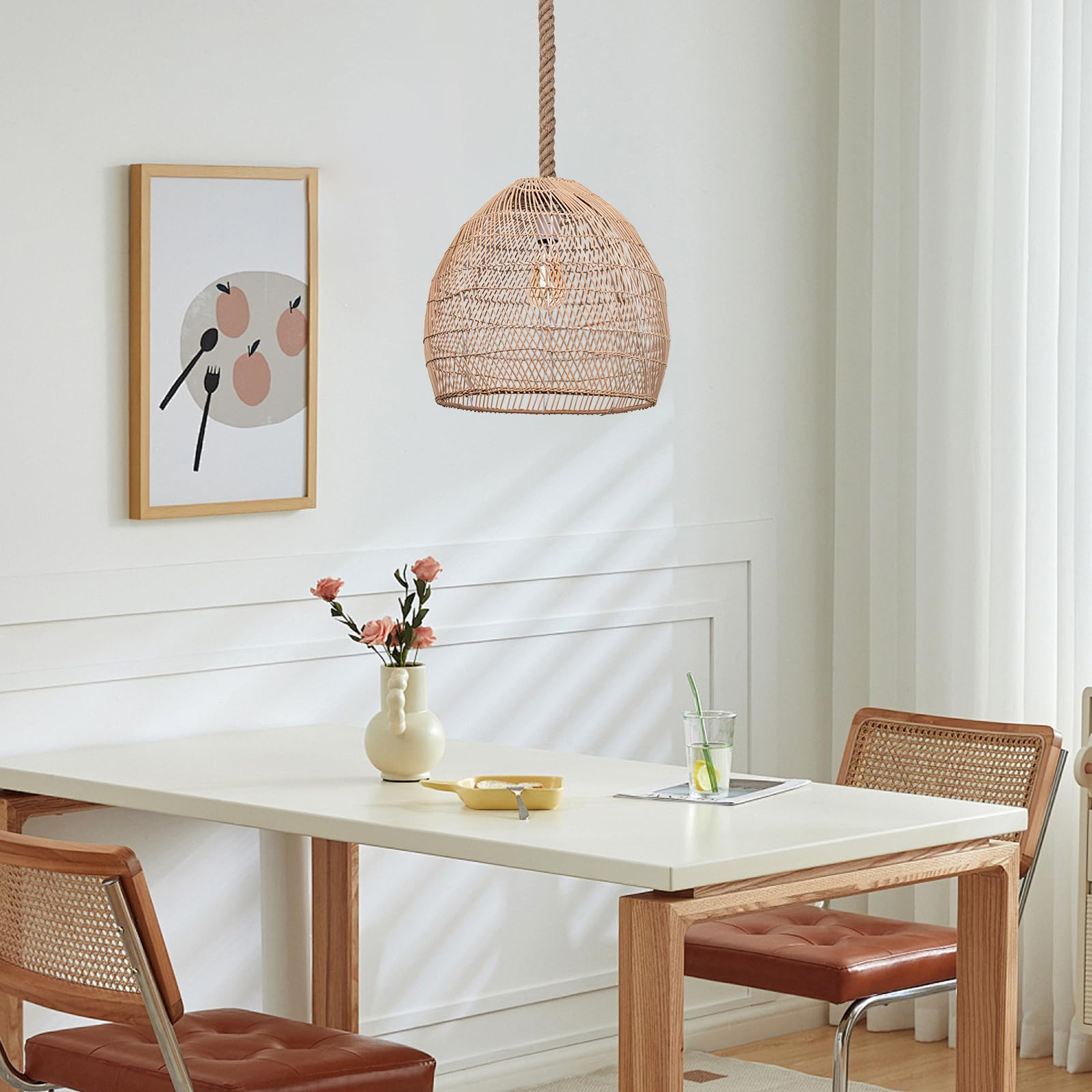 1 Light Rattan Chandelier Woven Pendant Light Fixture, Boho Coastal Wicker Hanging Ceiling Lighti... | Amazon (US)