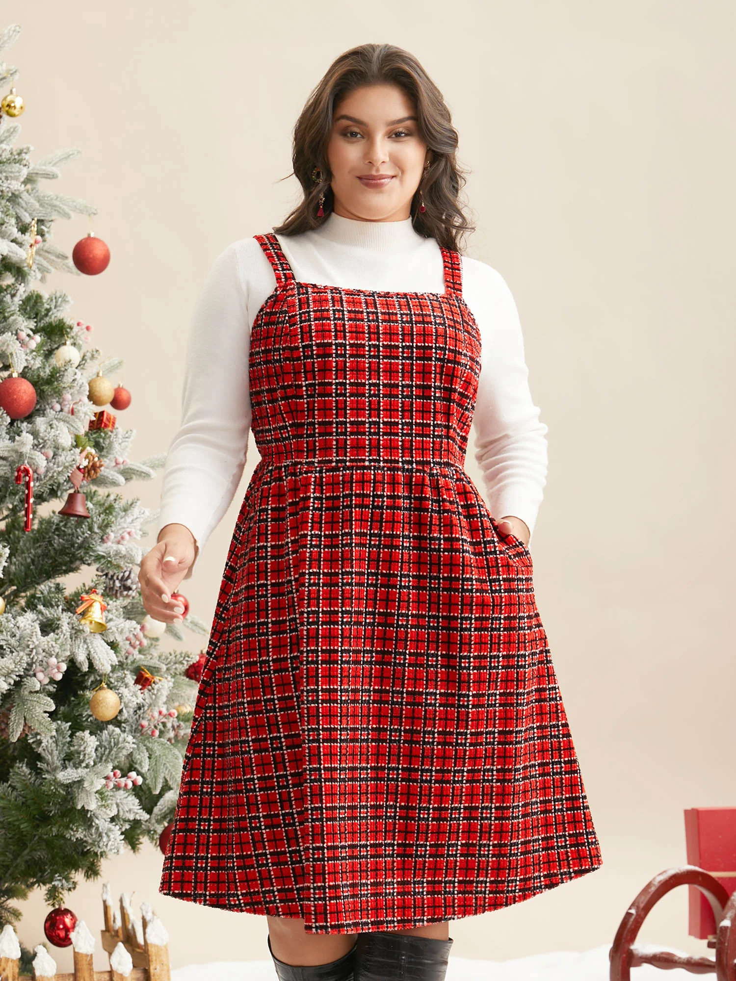Plaid Pinafore Elastic Waist Midi Dress | Bloomchic