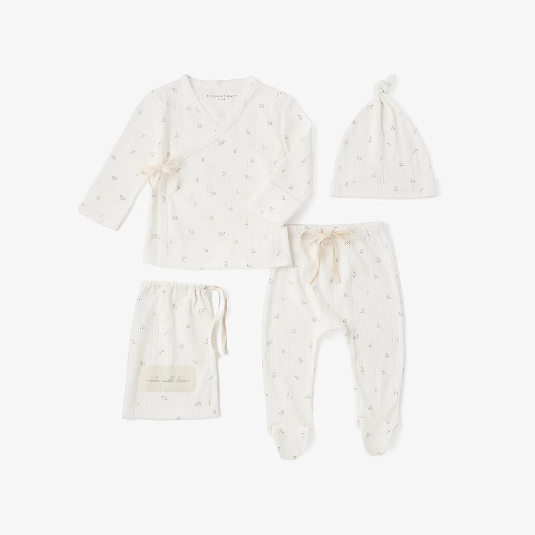 White Floral Organic Cotton Pointelle Layette 2 Pc Gift Set | Elegant Baby