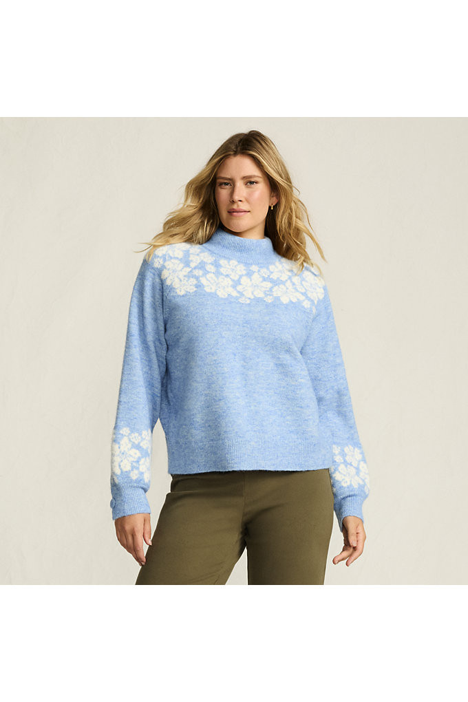 Women's Fuzzy Turtleneck Lantern Sleeve Jacquard Sweater - Lands' End - Blue - L | Lands' End (US)