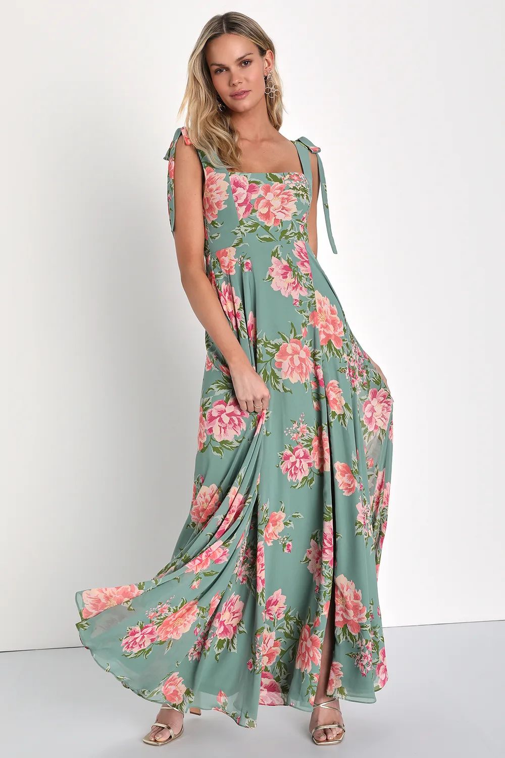 Passionate Forever Sage Green Floral Print Bow Strap Maxi Dress | Lulus