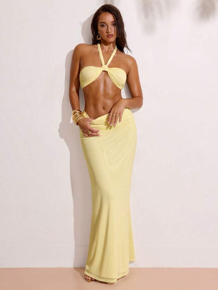 SHEIN BAE Set De 2 Piezas De Top Corto Sin Tirantes De Unicolor Y Falda Larga De Cintura Alta Para Vacaciones, Adecuado Para Playa, Resort De Playa, Conjunto De Vacaciones Sexy, Conjunto Amarillo, Traje De Vacaciones Casual | SHEIN