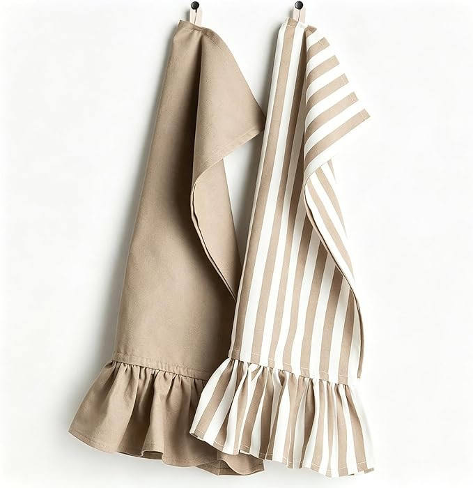 Whaline 2Pcs Brown Stripe Kitchen Towels Dish Towel with Ruffled Trim Hand Drying Tea Towels for ... | Amazon (US)