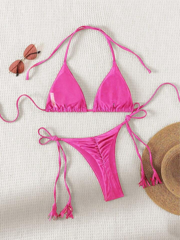 SHEIN Swim Solid Color V-Neck Halter Strap Two-Piece Swimwear, String Bikini Set Bathing Suit Bea... | SHEIN