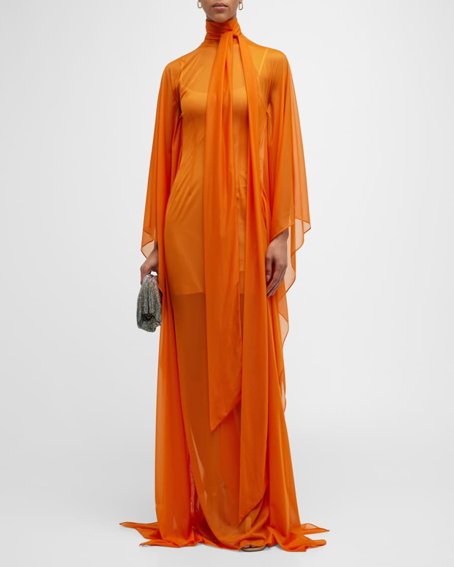 LaQuan Smith Sheer Tie-Neck Gown with Sweeping Dolman Sleeves | Neiman Marcus