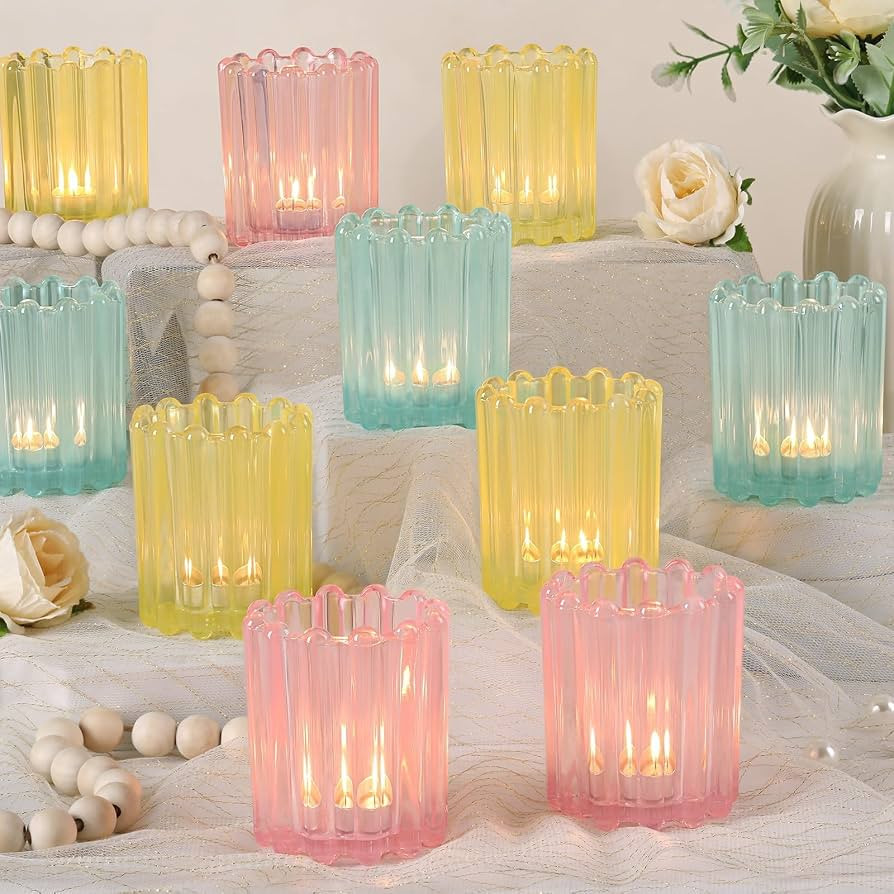 12PCS Glass Pink Votive Candle Holder, Blue Ribbed Votive Candle Holders | Amazon (US)
