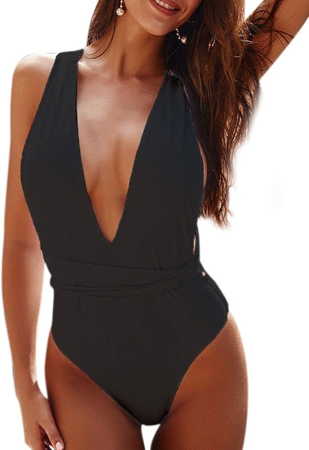 KBREAUR Women's Halter Bandage Deep V Neck One Piece Monokini Swimsuit Swimwear | Amazon (US)