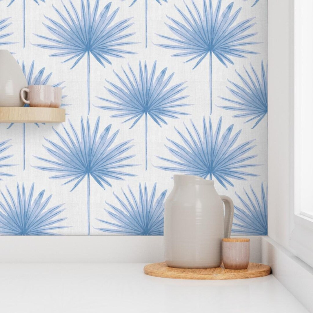 Blue Tropical Palm Leaf Wallpaper for Renters, Removable Wallpaper, Peel and Stick Wallpaper, Coa... | Etsy (US)