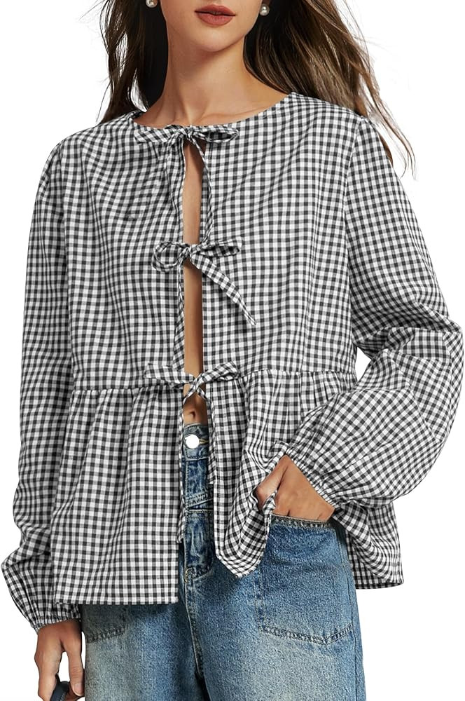 Plaid Shirt Women Tie Front Top Puff Sleeve Blouse Fashion Fall Ruffle Hem Babydoll Casual Going ... | Amazon (US)