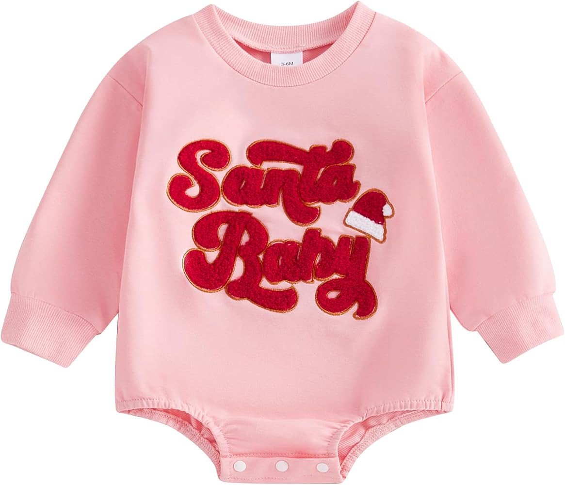 Baby Girl Boy Christmas Outfit Santa Embroidery Long Sleeve Bubble Sweatshirt Romper Newborn Fall... | Amazon (US)