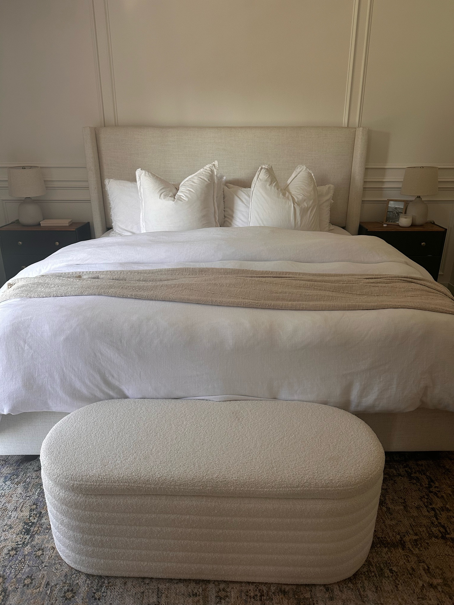 Bedroom decor, neutral bed, neutral bedroom, neutral bedding, upholstered bed, target bedding, bedding, casaluna , storage bench 