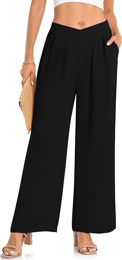 UEU Women's Wide Leg Casual Pants Crossover Elastic High Waisted Flowy Lounge Business Trousers w... | Amazon (US)