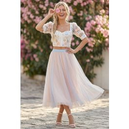 Mixture Color Panelled Tulle Maxi Skirt in Light Blue | Chicwish