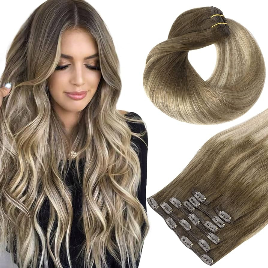 HOTBANANA Human Hair Clip in Hair Extensions, Ombre Walnut Brown to Ash Brown and Bleach Blonde 1... | Amazon (US)