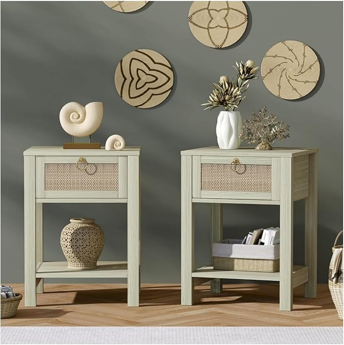 Nightstand Set of 2 - Rattan Decor Drawer with Brass Knobs Bedside Table Boho End Tables Side Tab... | Amazon (US)