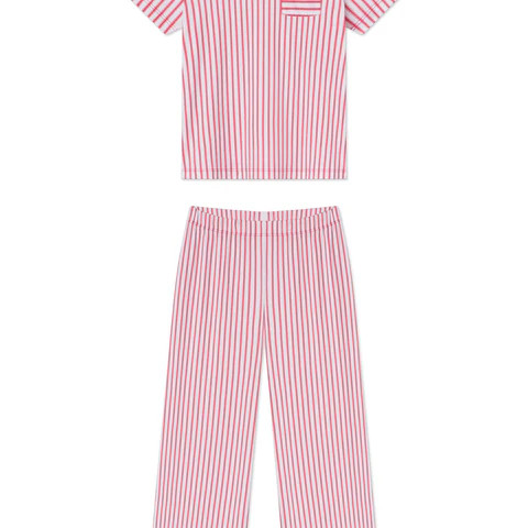 Pima Crew Wide Leg Pajama Set in Classic Red Ticking Stripe | Lake Pajamas