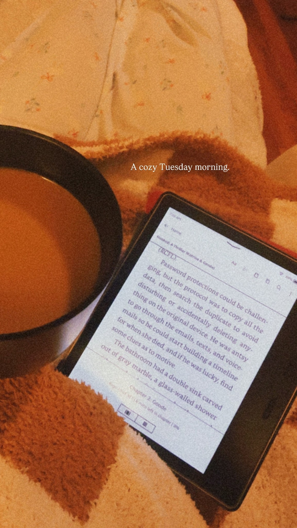 A cozy Tuesday morning: Coffee, a new book, cozy jams, and a blanket! 